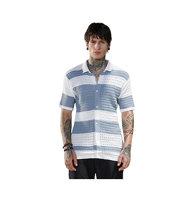 Campus Sutra Men's Icy Blue & Daisy White Panel-Knit Relaxed Shirt