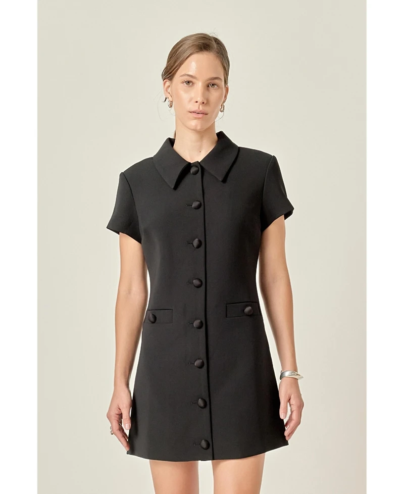 English Factory Women's Velvet Button Collar Mini Dress