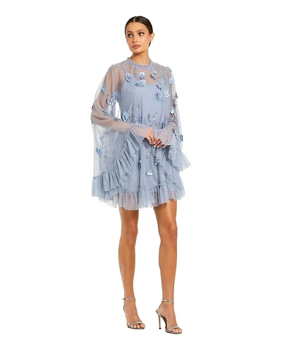 Mac Duggal Women's Embellished Long Sleeve Trapeze Dress with Ruffle Hem