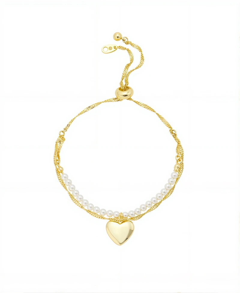 Gold heart glass pearls beads twist chain double strand bolo bracelet