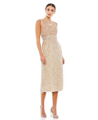 Mac Duggal Women's Sleeveless High Neck Beaded Midi Sheath Dress
