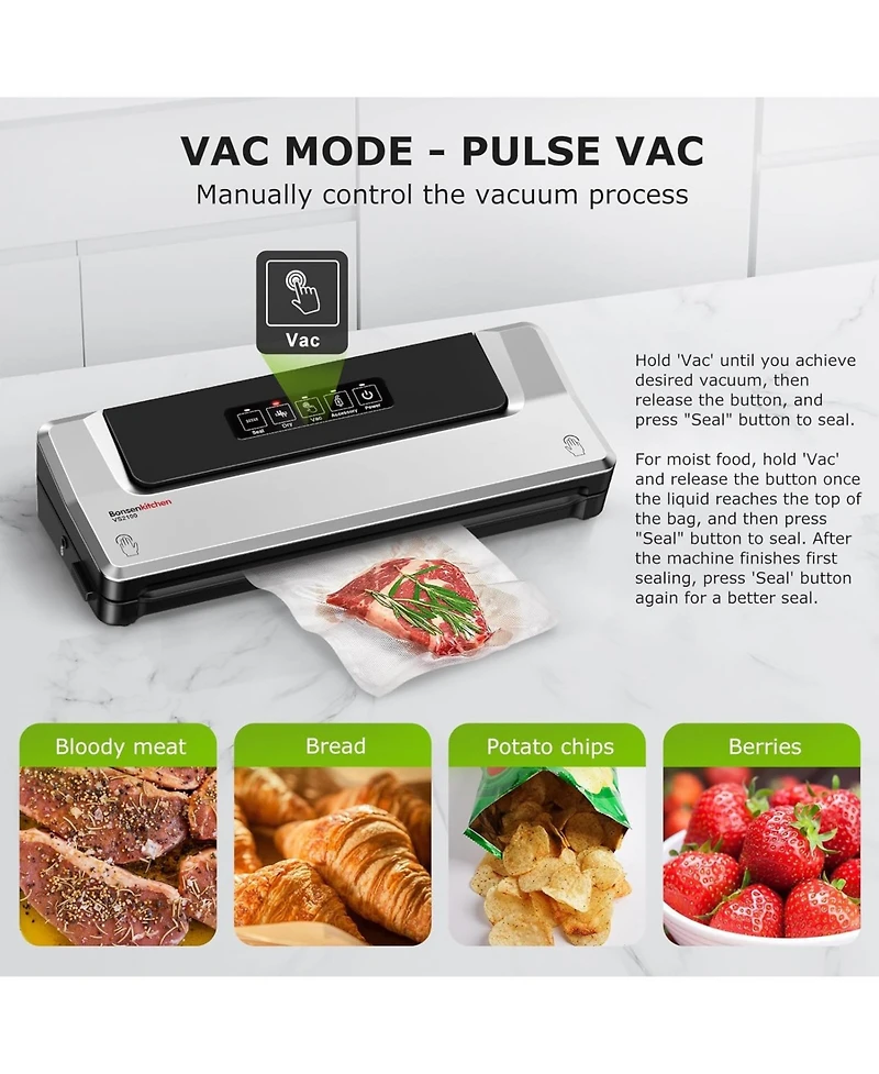 Bonsaii Bonsenkitchen Compact Vacuum Sealer, Fast Multi-Functional Food Saver with 20 Bags, 2 Rolls & Hose, High-Speed Continuous Use, Silver