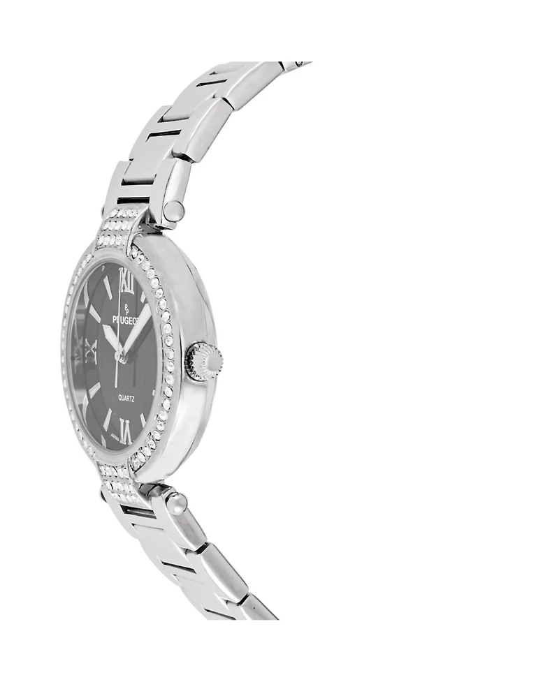 Peugeot Women's Watch Silver Bracelet Strap 38mm Round Case Black Dial with Crystal Bezel