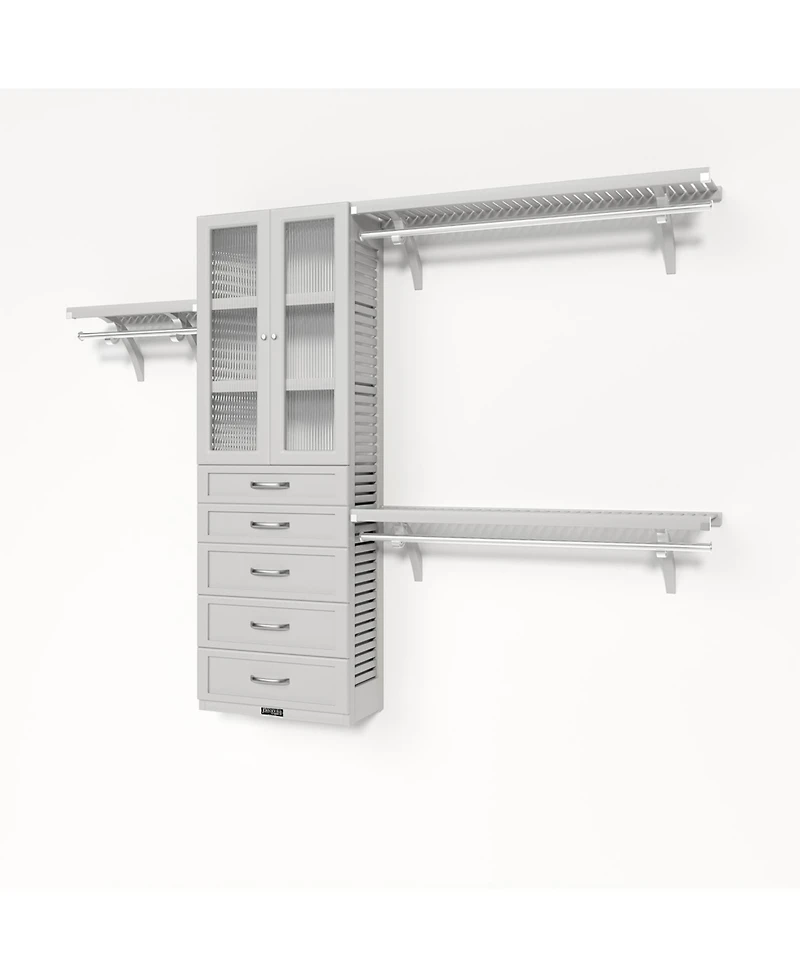 Solid Wood Reach-In Closet Organizer with 5 Shaker Style Drawers and Glass Doors