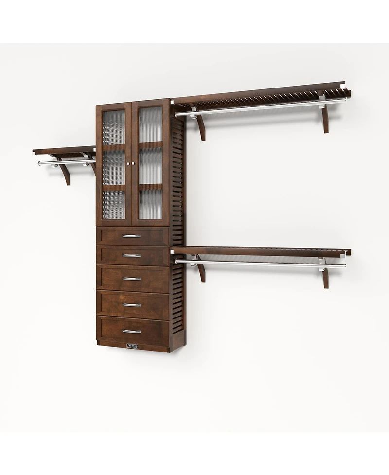 Solid Wood Reach-In Closet Organizer with 5 Shaker Style Drawers and Glass Doors