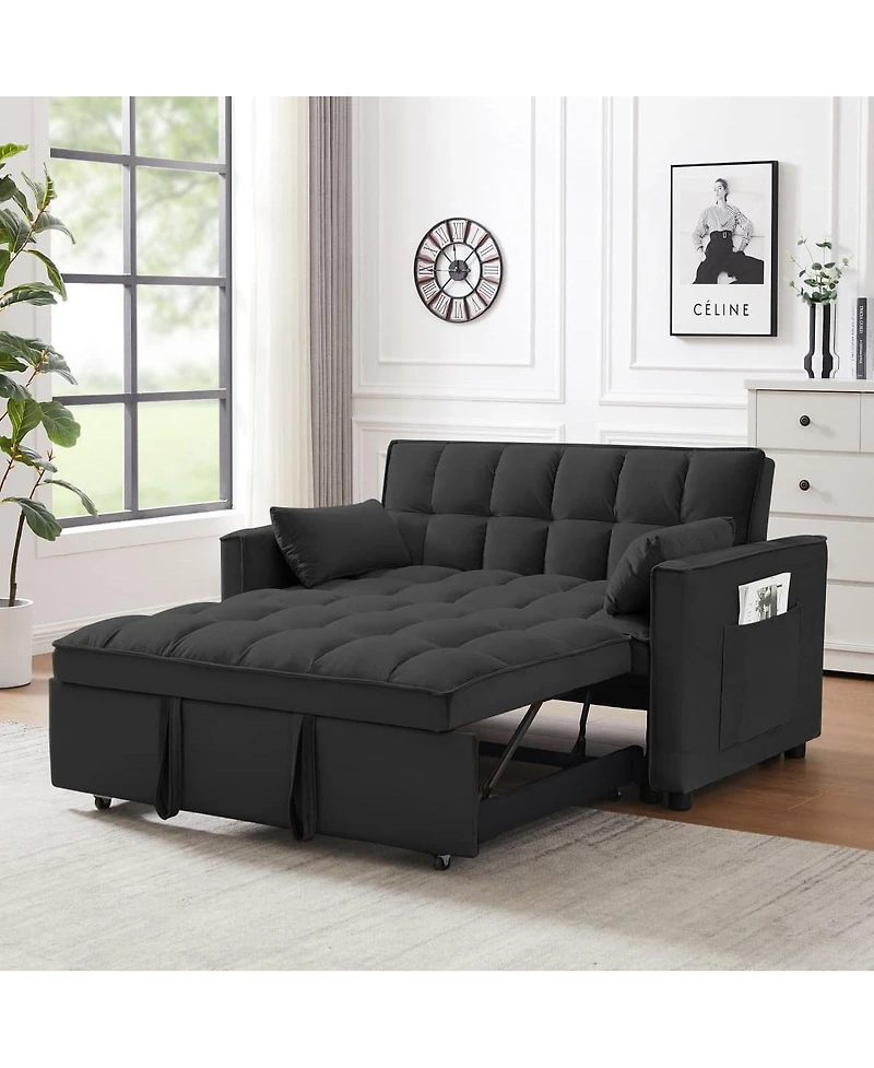 Maison Boucle Convertible Velvet Loveseat Sleeper Sofa, 3-in-1 Pull Out Couch Bed with Adjustable Backrest, Toss Pillows & Pockets for Apartment