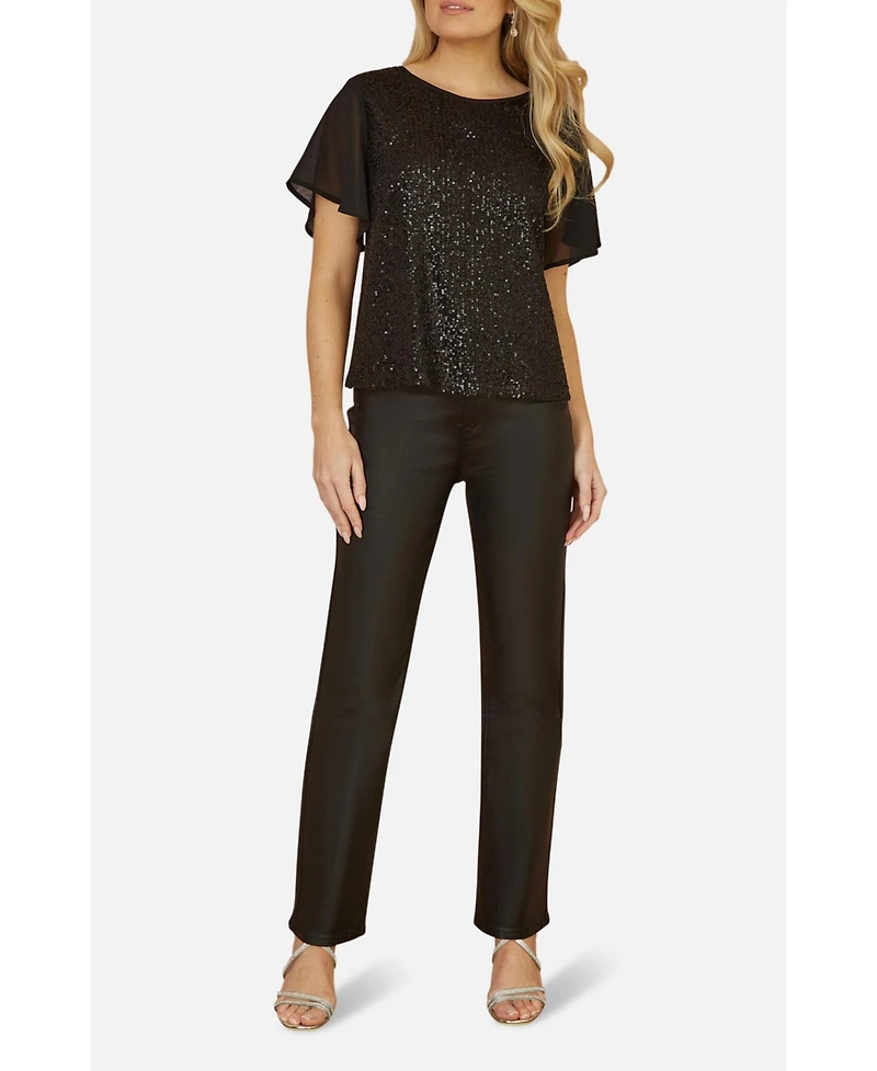 Yumi Women's Sheer Short Sleeve Sequin Top