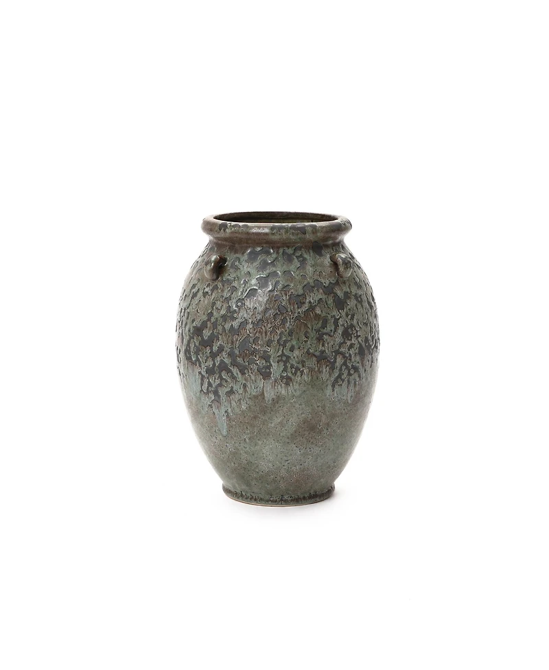 LuxenHome Antiqued Terracotta Jar Vase, Rustic 14.17-Inch Green & Brown Flower Holder