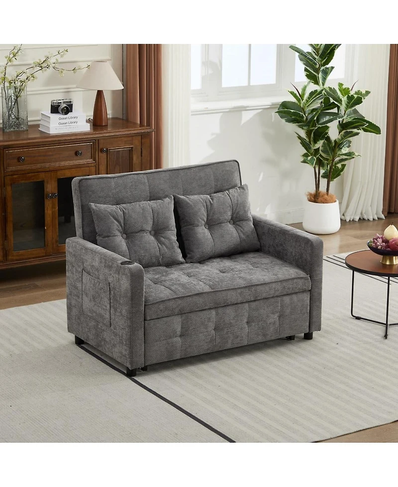 Linen Sleeper Sofa Bed, 2-Seater Pull Out with Cup Holder, Usb Charging, Multi-Position Back for Apartment or Guest Room-Maison Boucle