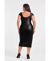 S3 Apparel Women's Sculpting Shapewear Square Neck Cap Sleeve Faux Leather Midi Dress