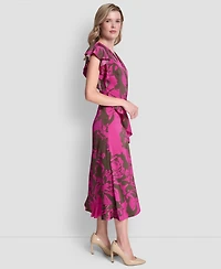 Dkny Women's Cap-Sleeve Surplice Neck Ruffle Midi Dress