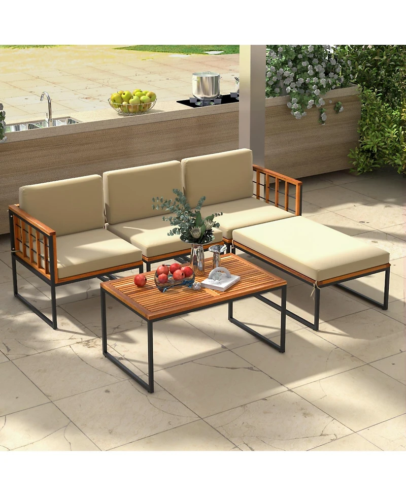 5 Pcs Patio Furniture Set Acacia Wood Sectional Set with Seat & Back Cushions