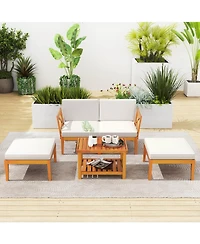 Costway 5 Pcs Acacia Wood Patio Chaise Lounge Chair Set with 2-Tier Coffee Table Cushions