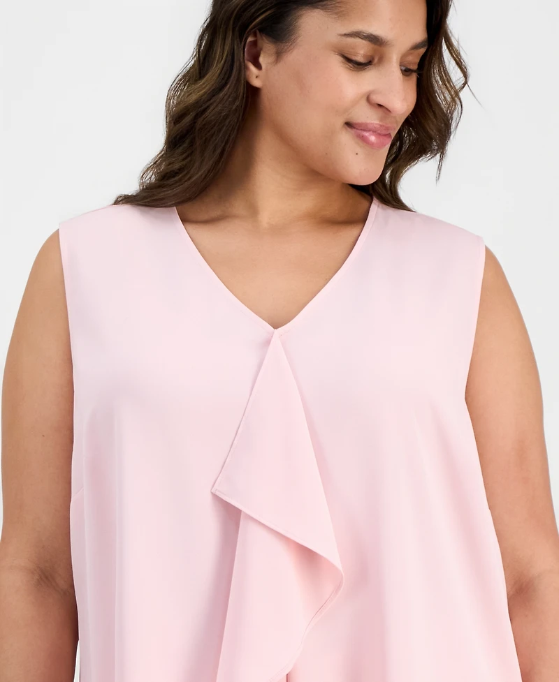 Kasper Plus V-Neck Cascade-Ruffle-Front Blouse