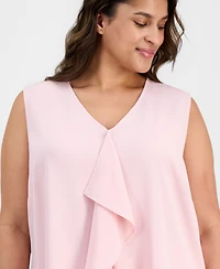 Kasper Plus V-Neck Cascade-Ruffle-Front Blouse