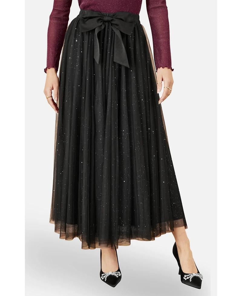 Yumi Women's Sparkle Mesh Tulle Skirt with Satin Bow