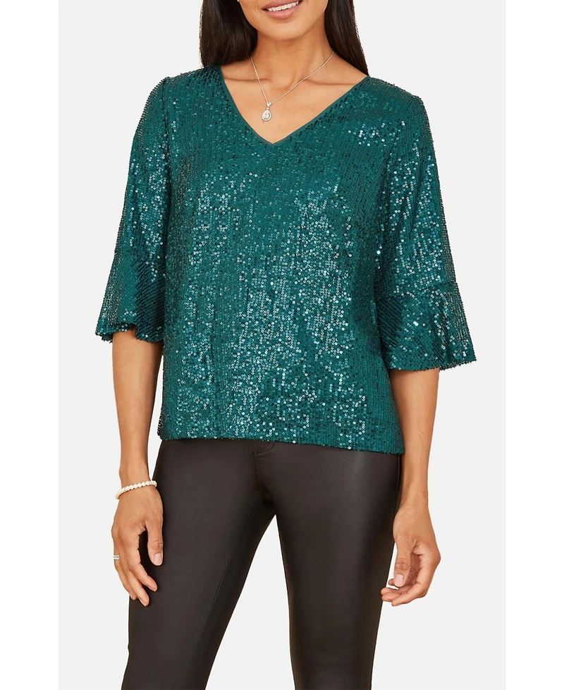 Yumi Women's Fluted Sleeve Sequin Top