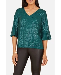 Yumi Women's Fluted Sleeve Sequin Top