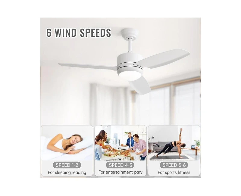 Sofucor 46-inch Modern White 3-blade Ceiling Fan with Led Light with Six-speed Remote Control