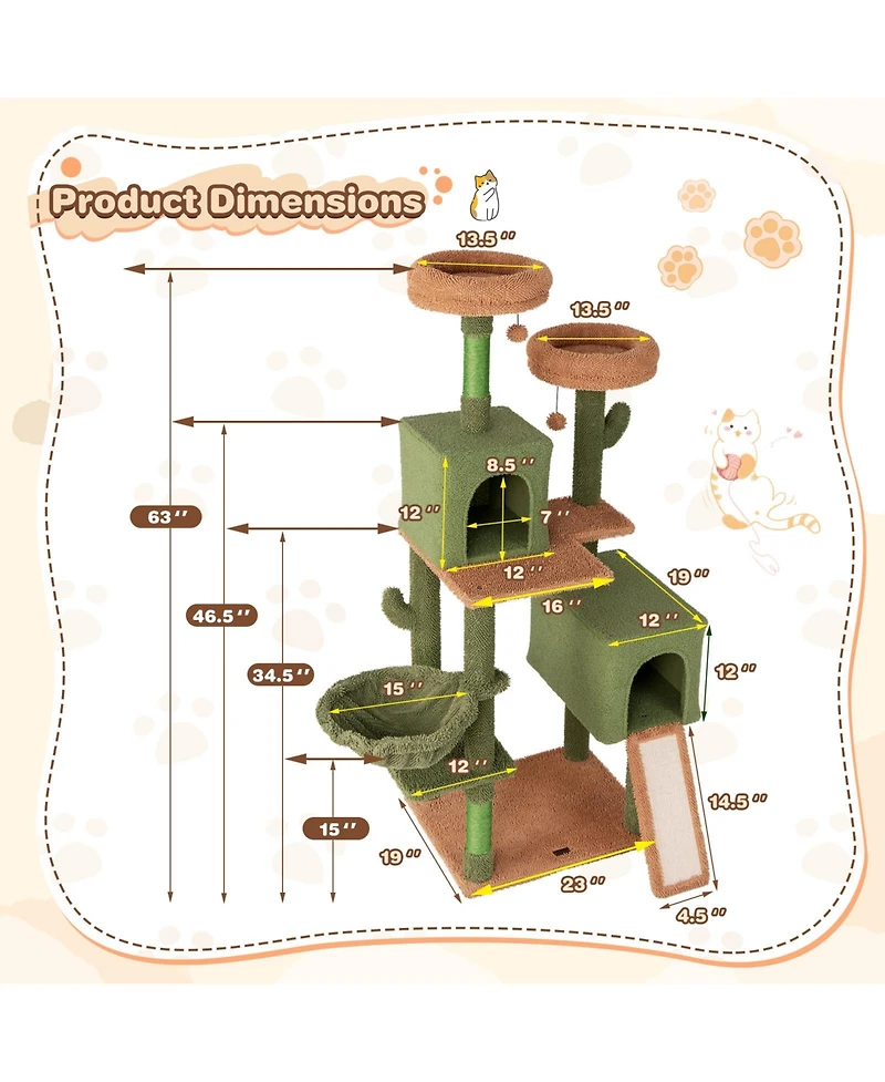 Skonyon Multi-level Cactus Cat Tree with Scratching Posts Ladder Double Condos and Toys Bed