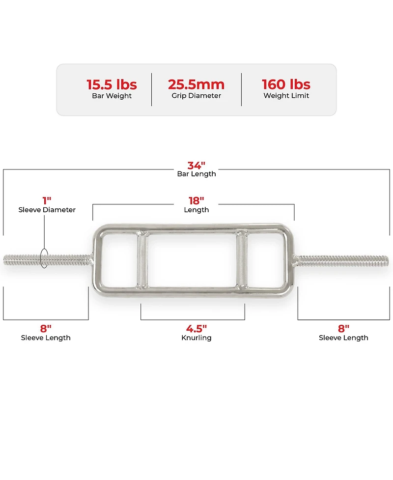 Sunny Health & Fitness 34” Threaded Chrome Tricep Bar with Star-Lock Collars