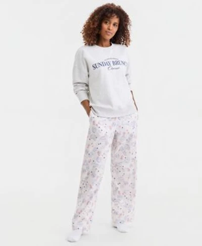 State Of Day Womens Terry Crewneck Sweatshirt Poplin Pajama Pants Macys Exclusive