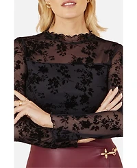 Yumi Women's Flocked Floral Stretch Mesh Top