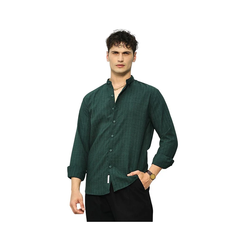 Campus Sutra Men's Emerald Green Pinstriped-Tactile Shirt