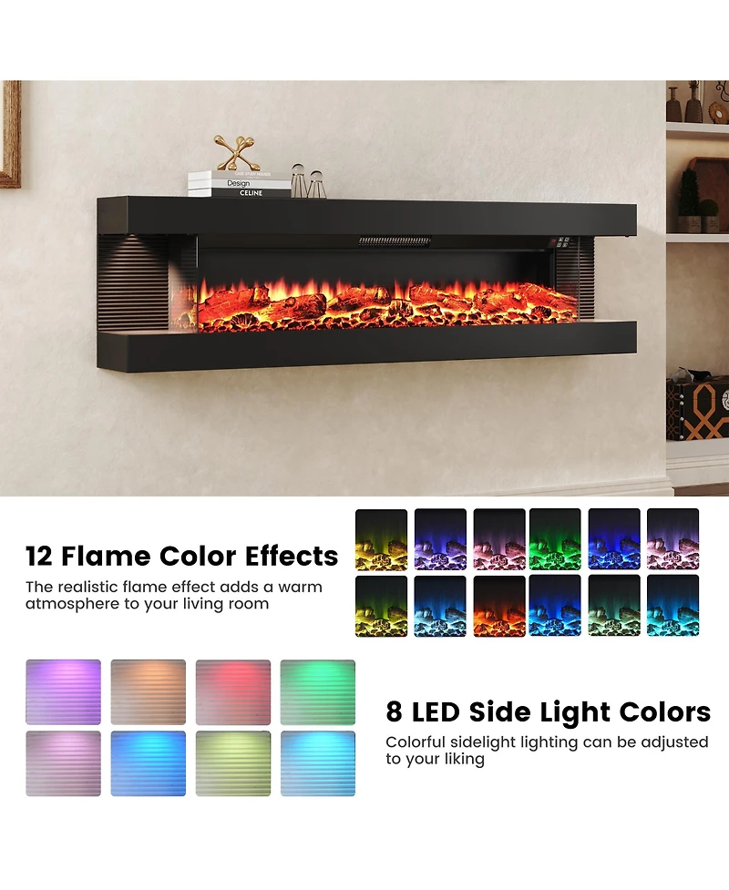 Clihome 60 Inches Wall-Mounted Electric Fireplace With Led Lighted Mantel And Remote, Modern Indoor Heating Accent Fireplaces