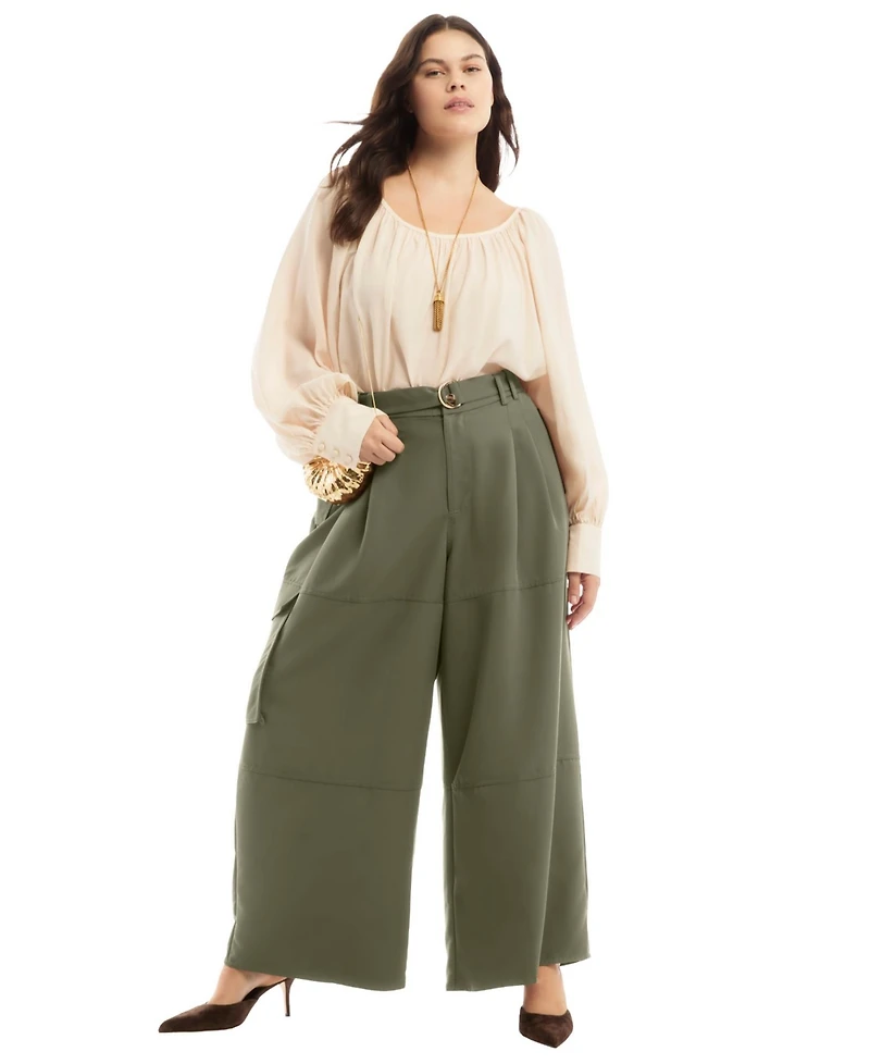 June & Vie Women's + High-Rise Wide-Leg Cargo Pants