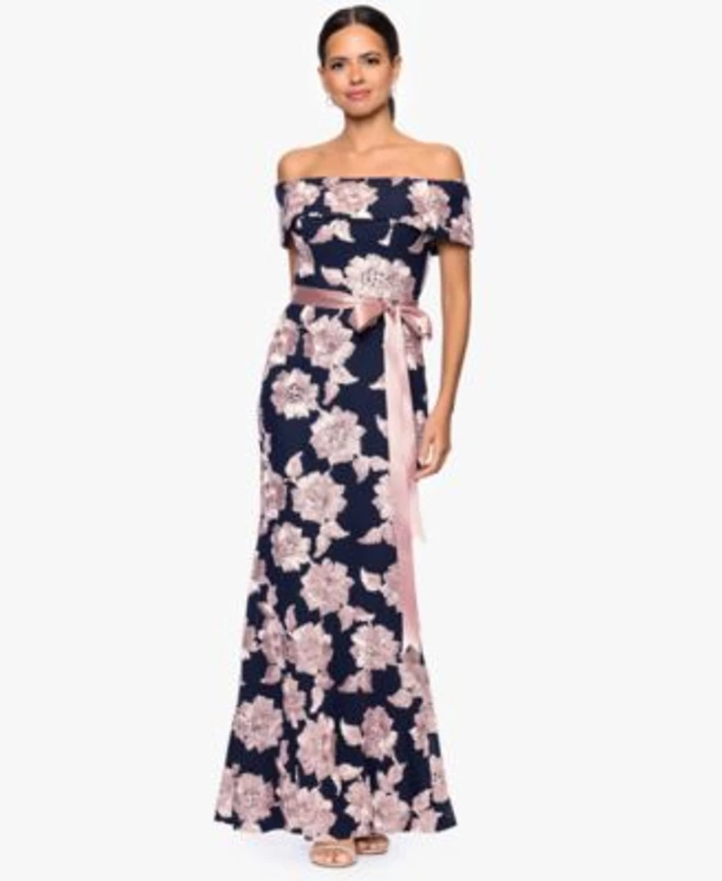 Betsy Adam Womens Belted Soutache Off The Shoulder Dress