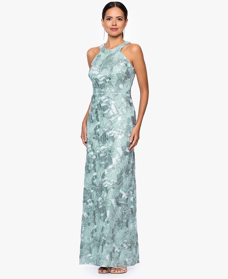 Betsy & Adam Women's Sequined Soutache Halter Gown