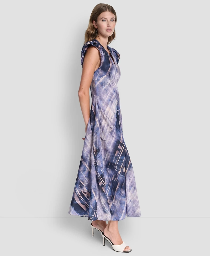 Dkny Women's Puff-Sleeve Printed Satin Bias Cut Dress