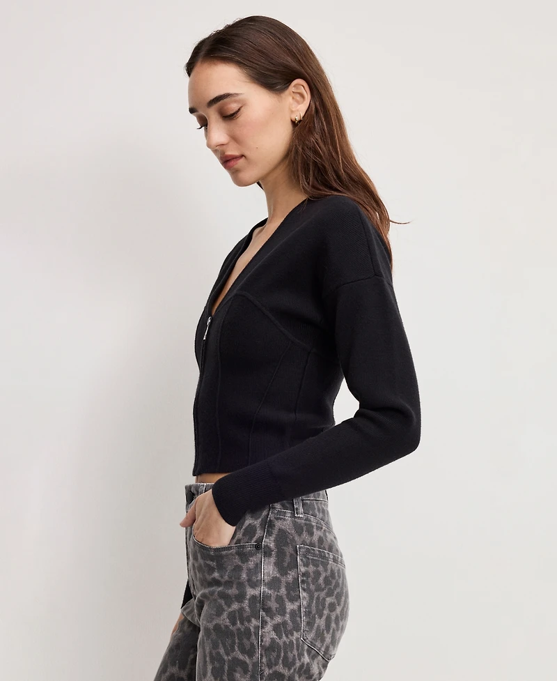 Good American Women's V-Neck Front Zipper Sweater