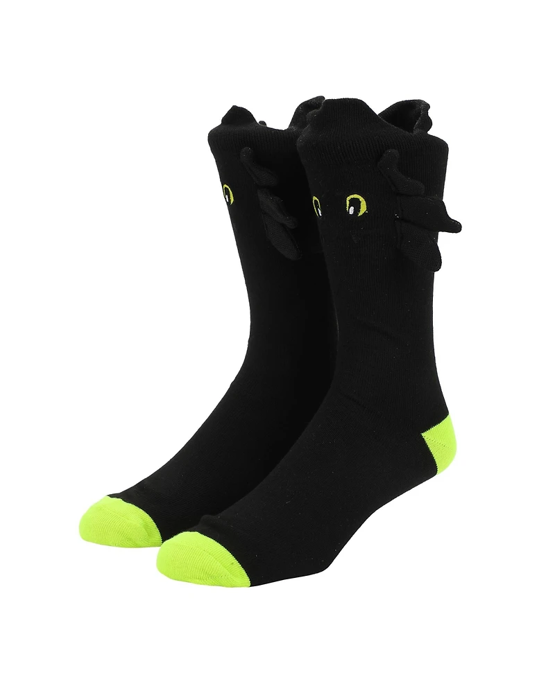 How to Train Your Dragon Men's Toothless Plush Character Heads Adult Black Casual Crew Socks -Osfa