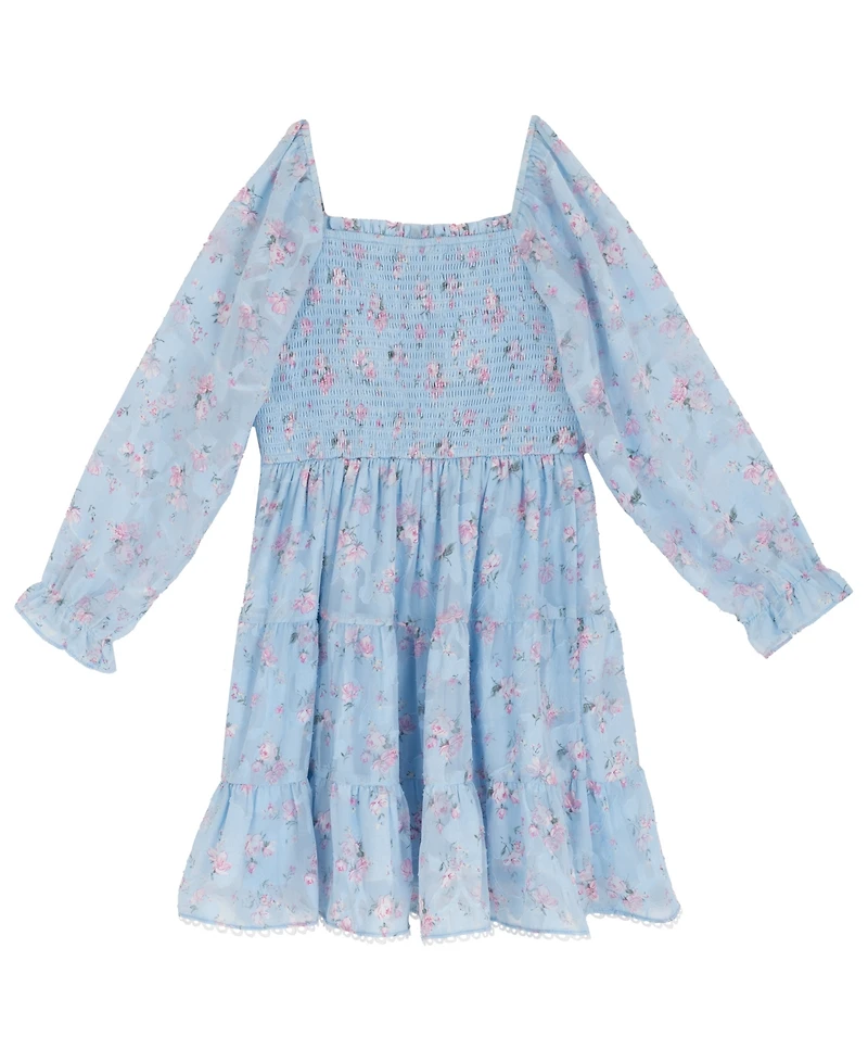 Rare Editions Girls' 7-16 Floral Burnout Chiffon Long-Sleeve Dress