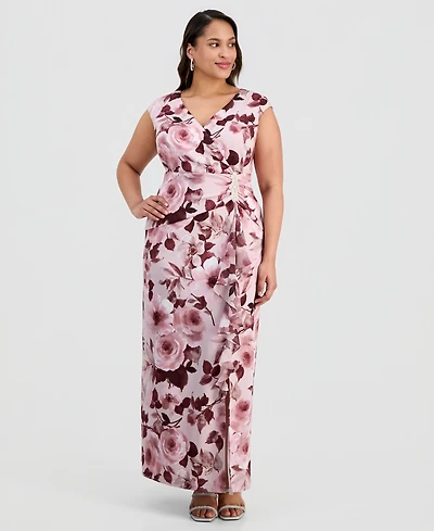 Connected Plus Floral-Print Surplice-Neck Gown