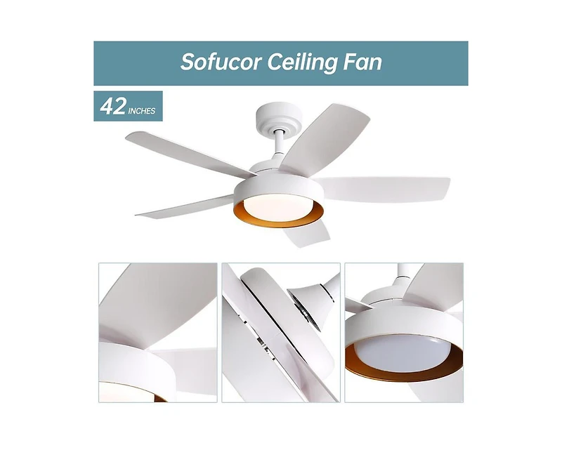 Sofucor 42-inch Modern White 5 - Blade Ceiling Fan With Remote Control and Light Kit
