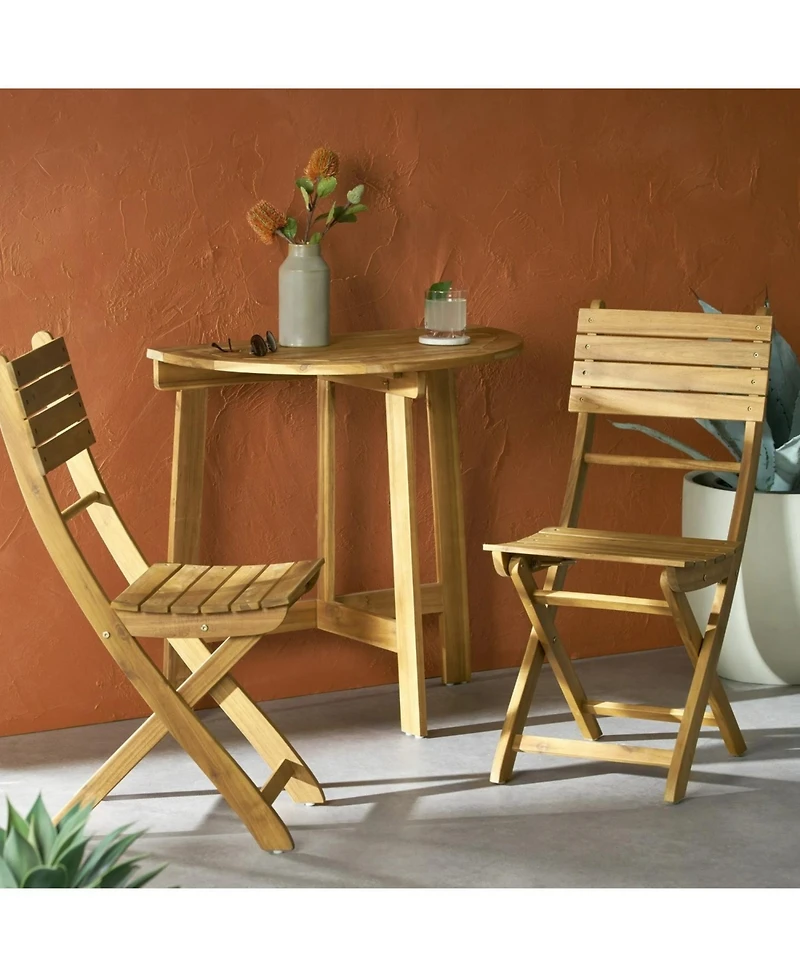 Streamdale Furniture Outdoor Acacia Wood 3 Piece Half Round Folding Bistro Set Natural
