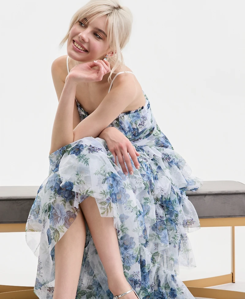 pear culture Juniors' Tiered Floral-Print Mesh Gown