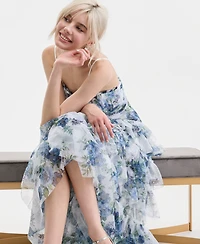 pear culture Juniors' Tiered Floral-Print Mesh Gown