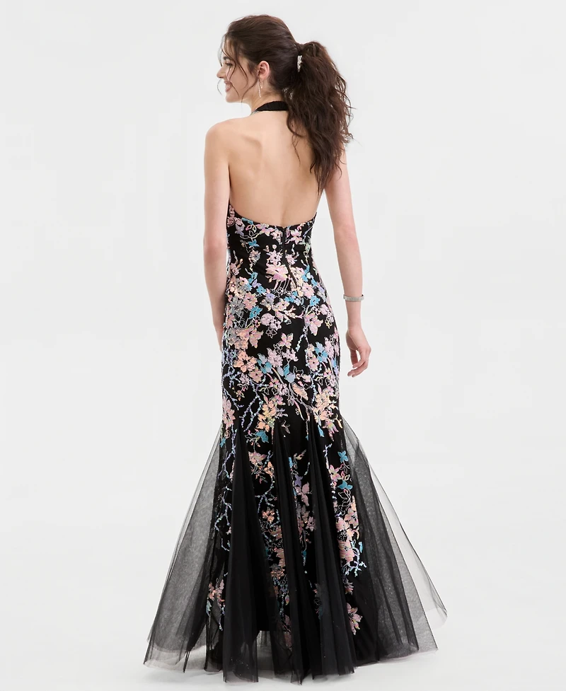 pear culture Juniors' Halter-Neck Floral Sequin Mermaid Gown, Macys Exclusive