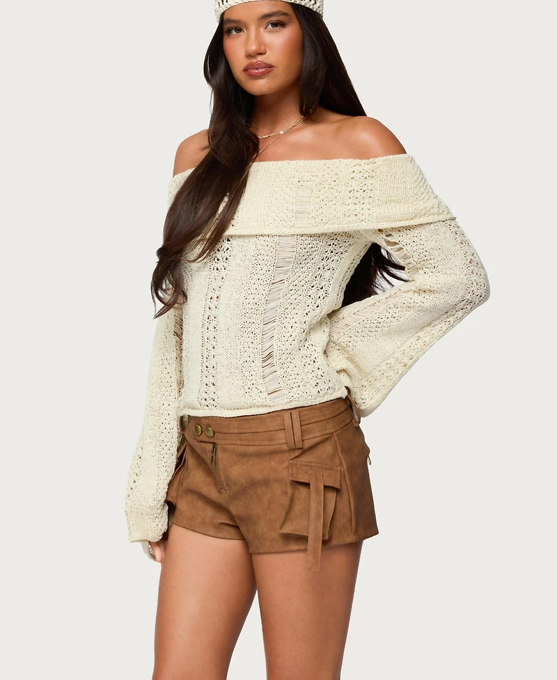 Edikted Women's Renna Distressed Fold Over Knit Top