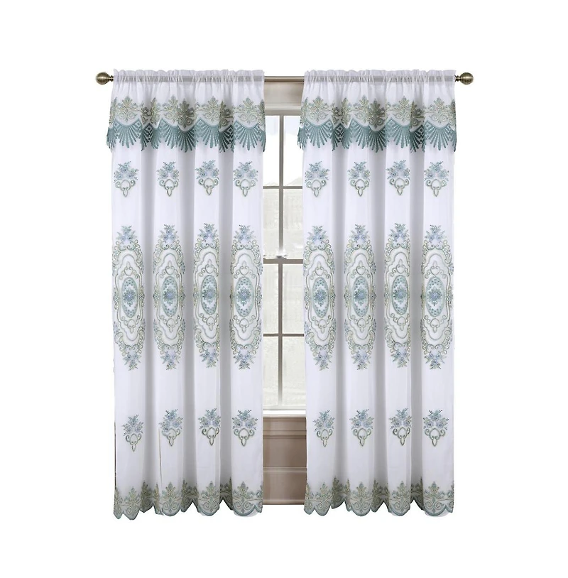 Rt Designers Collection Dayton Emb Attached Valance Backing Blackout Window Curtains 50" x 84" White/Teal