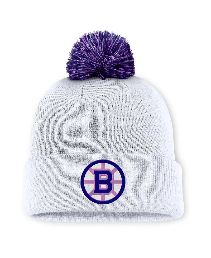 Fanatics Men's White Boston Bruins Authentic Pro Hockey Fights Cancer Cuffed Pom with Knit Hat