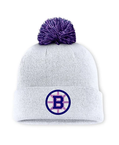 Fanatics Men's White Boston Bruins Authentic Pro Hockey Fights Cancer Cuffed Pom with Knit Hat