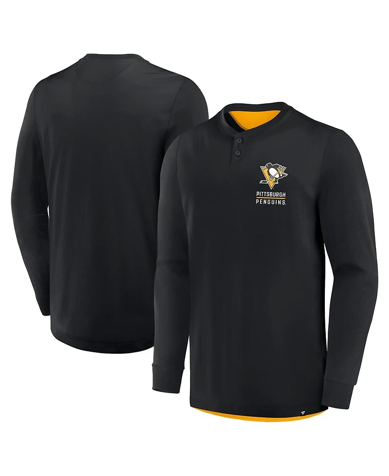Fanatics Men's Black Pittsburgh Penguins Adrenaline Push Long Sleeve Henley Shirt