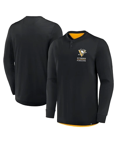 Fanatics Men's Black Pittsburgh Penguins Adrenaline Push Long Sleeve Henley Shirt