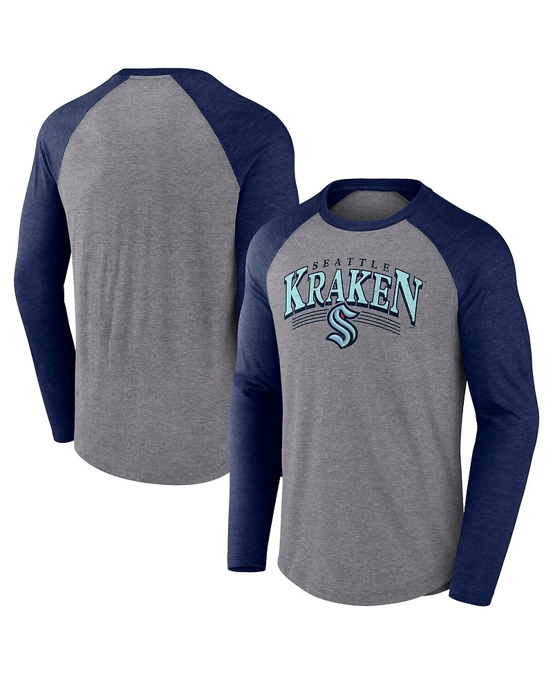 Fanatics Men's Heather Gray/Heather Deep Sea Blue Seattle Kraken Goal Crease Raglan Tri-Blend Long Sleeve T-Shirt