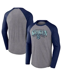 Fanatics Men's Heather Gray/Heather Deep Sea Blue Seattle Kraken Goal Crease Raglan Tri-Blend Long Sleeve T-Shirt